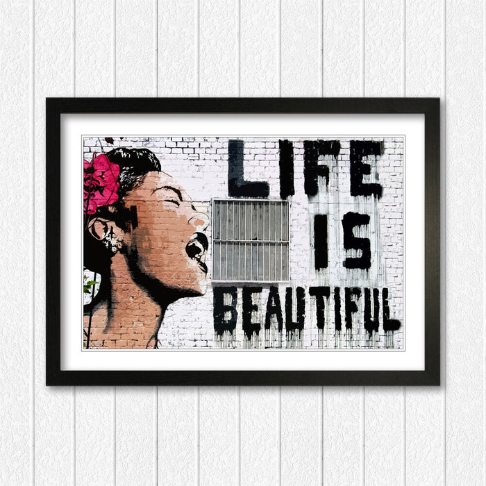 Banksy Framed Poster - Life Is Beautiful Print, Handmade UK Art, Wood Grain Frame
