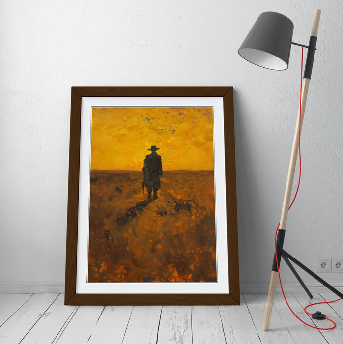 Framed Wall Art - Wandering Cowboy Sunset Landscape Print | Rustic Woodgrain Frame