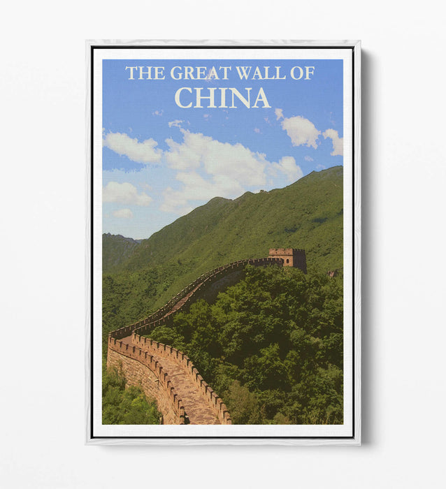 VINTAGE GREAT WALL OF CHINA TRAVEL POSTER -FLOAT EFFECT CANVAS ART PRINT- BLUE