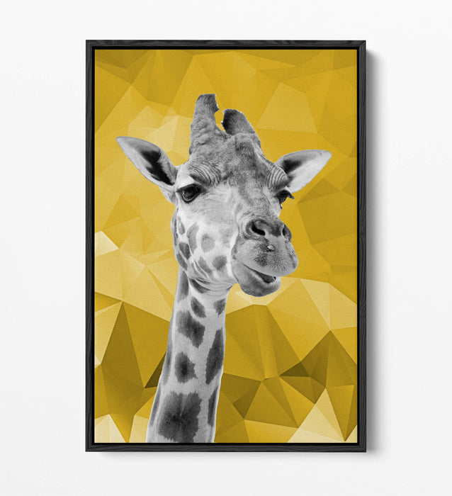 MUSTARD GEO GIRAFFE -FLOAT EFFECT CANVAS WALL ART PIC PRINT- BLACK & WHITE