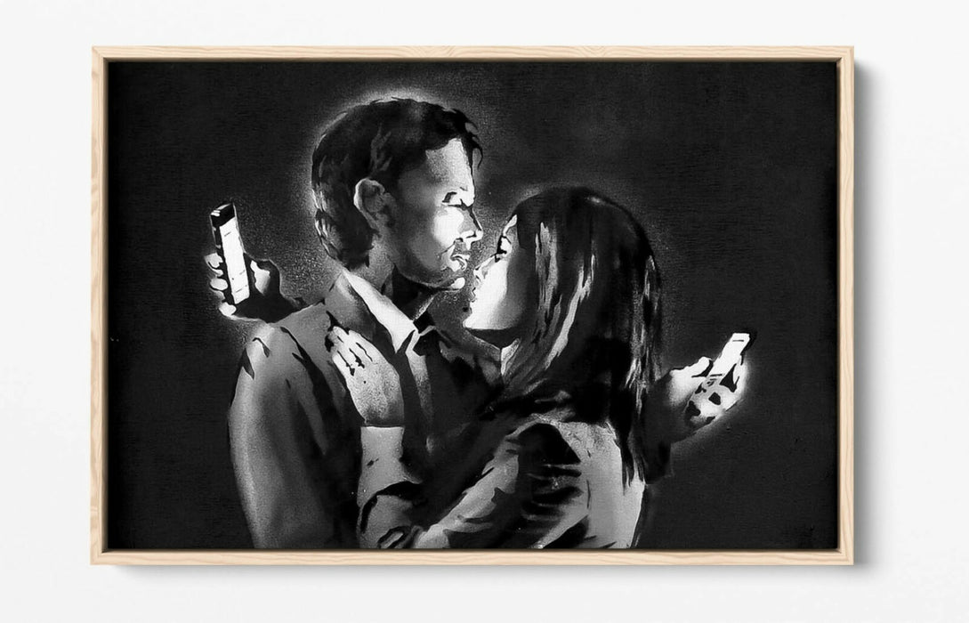 BANKSY MOBILE LOVERS FLOAT EFFECT CANVAS WALL ART PIC PRINT GRAFFITI- GREY WHITE