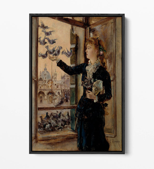 Canvas Wall Art Print – Girl Feeding Pigeons | Float Effect Handmade Canvas Art