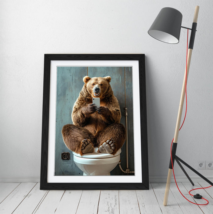 Funny Bear Wall Art - Framed Bathroom Decor With Wood Grain Frame & Matte Paper Print