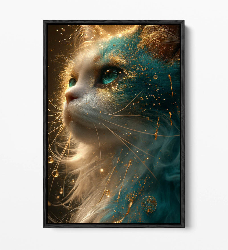 Glowing Cat Canvas Art – Blue Gold Artwork | Float Effect Canvas Print