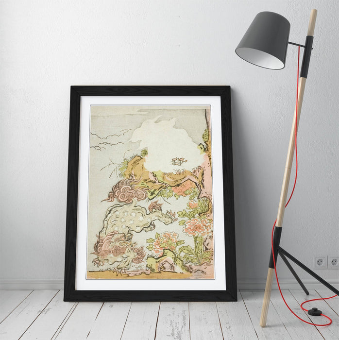 Framed Wall Art Poster Ready To Hang – Chinese Lions and Peonies Print, Handmade Archival Ink