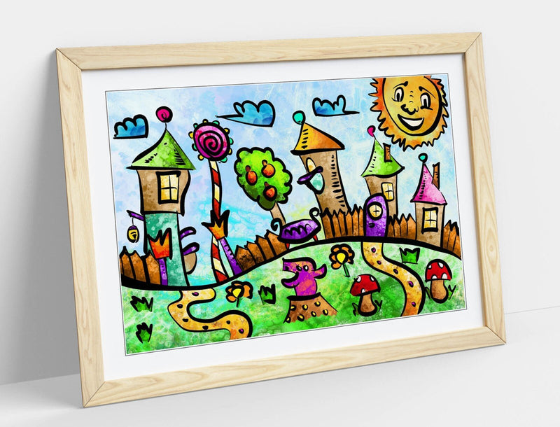 Kids Art Poster - Colorful Bedroom Decor With Handmade Framed Print, Matte Paper