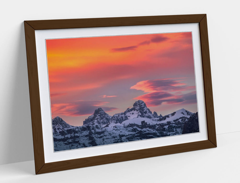 Framed Art Poster - Snowy Mountain Wall Art With Pink Orange Sky Print