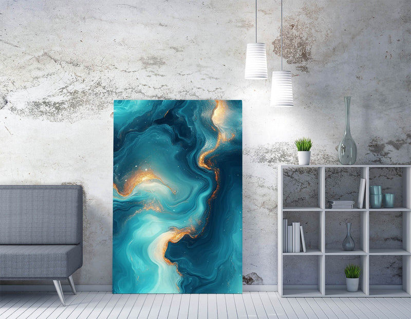 Canvas Wall Art – Gold Blue Abstract Sea Print on Archival Grade Canvas