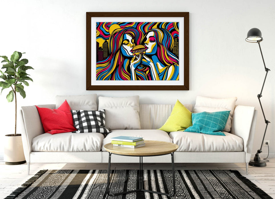 Framed Wall Art - Multi Colour Women Burger Artwork | Contemporary Poster Print 4 Sizes