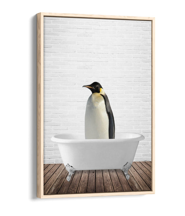 PENGUIN IN BATHTUB -QUIRKY BATHROOM FLOAT EFFECT CANVAS WALL ART PRINT