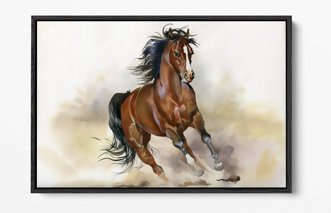 Horse Canvas Art – Majestic Running Brown Horse Watercolour Print on Float Effect Canvas