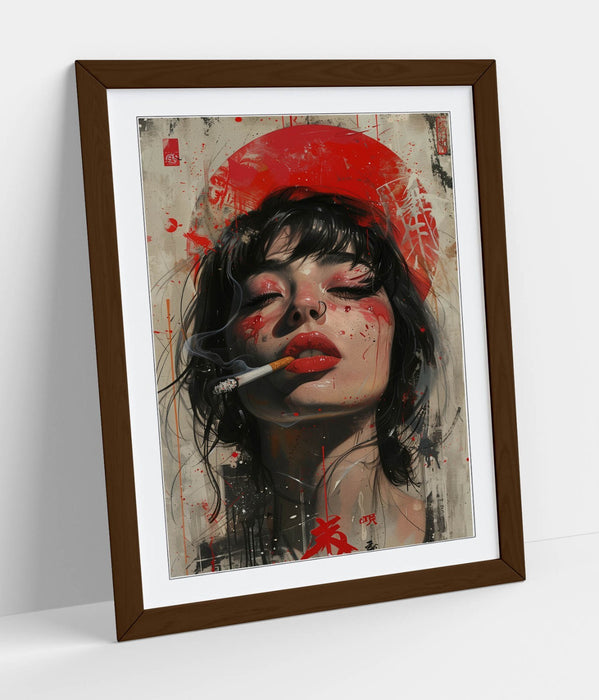 Framed Wall Art Poster - Portrait Of Pretty Woman Smoking Cigarette In Wood Grain Frame
