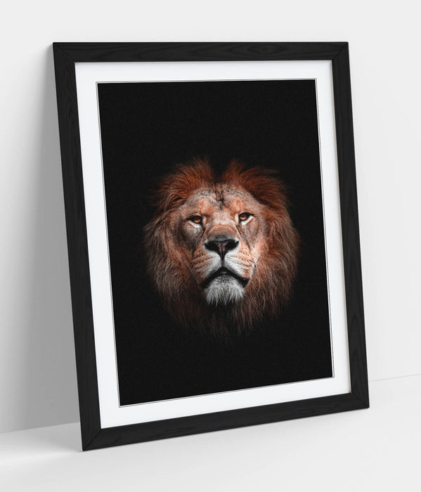 Lion Head Wall Art – Framed Darkness Photography Print with Faux Wood Frame