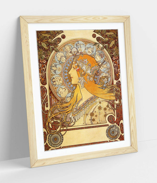 Framed Art Poster – Alphonse Mucha Zodiac Print with Wood Grain Frame