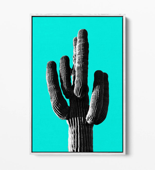 TRENDY B&W CACTUS POP ART CYAN -FLOAT EFFECT CANVAS WALL ART PRINT