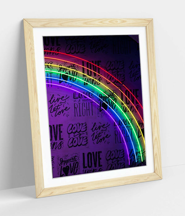 Neon Lights Rainbow Sign - Framed Poster Art With Woodgrain Frame Finish