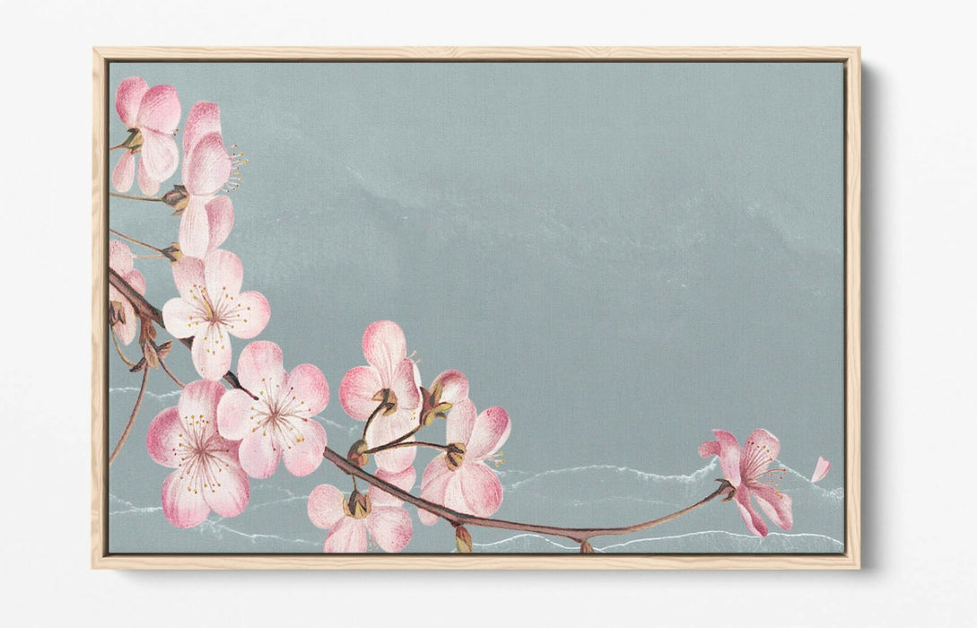 CHERRY BLOSSOM -FLOAT EFFECT CANVAS WALL ART PIC PRINT- BLUE GREY PINK