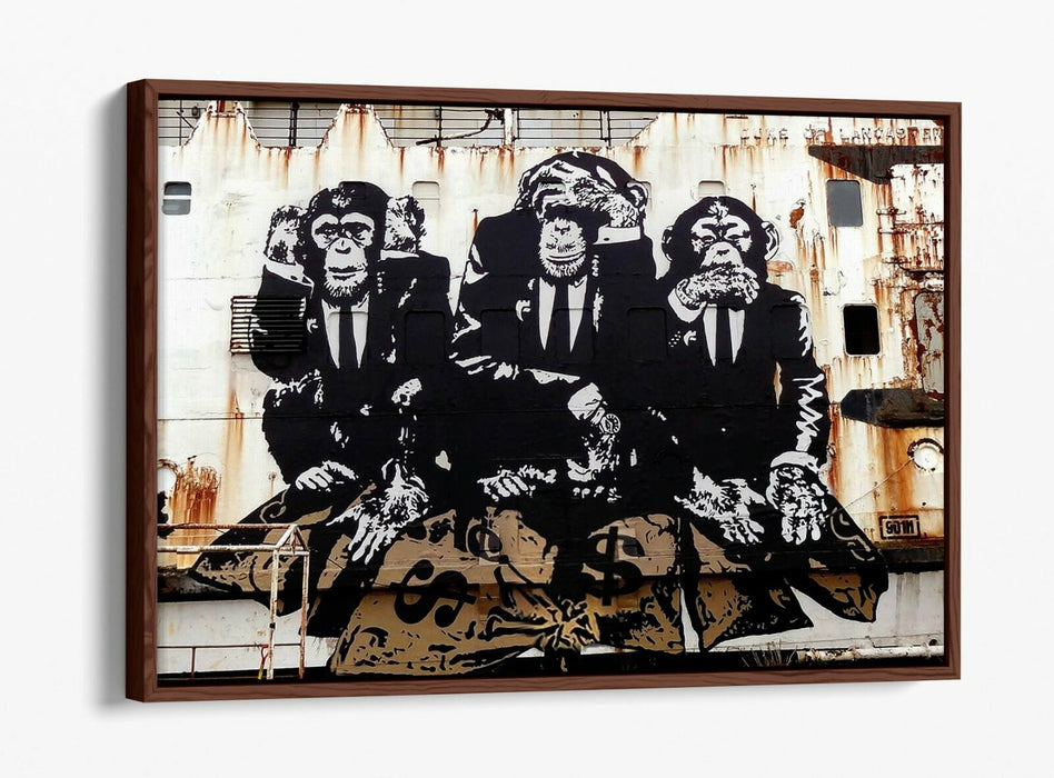 BANKSY 3 WISE MONKEYS -FLOAT EFFECT CANVAS WALL ART PIC PRINT- WHITE BEIGE
