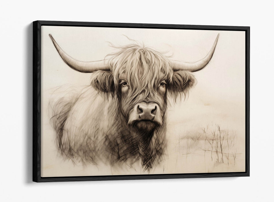 Highland Cow Canvas - Charcoal Sketch Print | Float Effect Wall Art With Premium Varnish