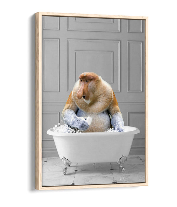 PROBISCUS MONKEY IN BATH -QUIRKY BATHROOM FLOAT EFFECT CANVAS WALL ART PRINT