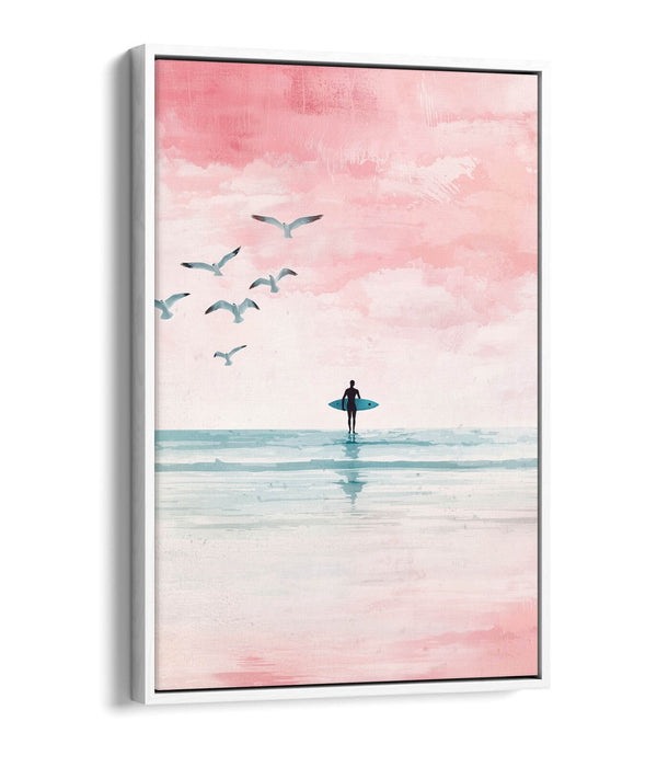 Canvas Wall Art – Minimalist Silhouette Surfer Pink Beach Float Effect Print