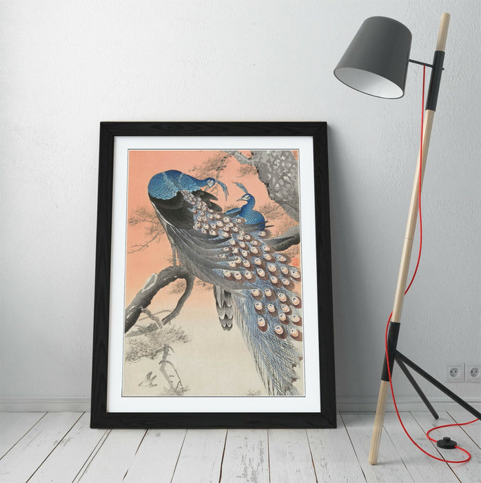 OHARA KOSON, TWO PEACOCKS ON TREE BRANCH -FRAMED STREET ART POSTER PICTURE PRINT