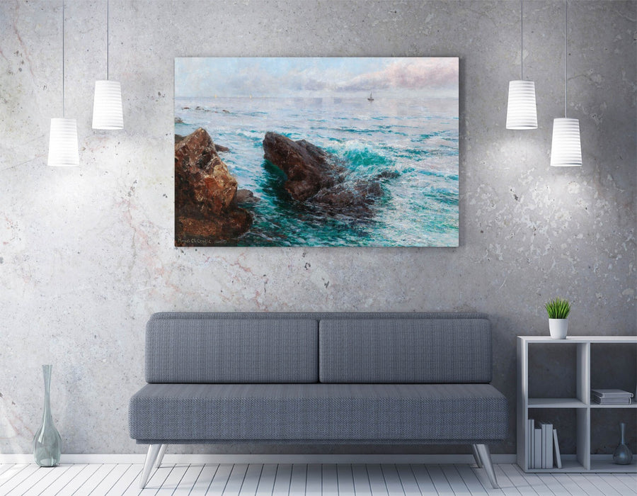 Canvas Wall Art Featuring Coastline Boat Artwork Print | Premium Varnish Finish, Handmade UK