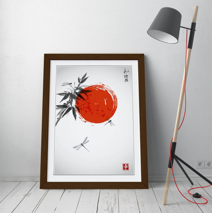 Japanese Style Wall Art - Bamboo Dragonflies Framed Poster Print | Handmade Matte Paper
