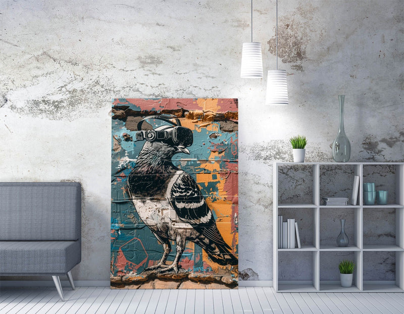 Graffiti Canvas Wall Art – Pigeon Wearing VR Headset | Multi Colour Urban Print