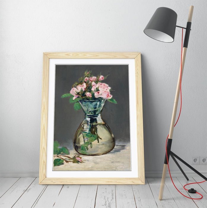 Framed Wall Art Poster - Edouard Manet Moss Roses In A Vase Print With Woodgrain Frame