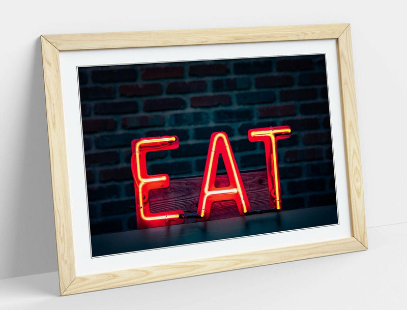 Kitchen Neon Sign - Framed Wall Art With Navy Blue Artwork & Faux Wood Frame