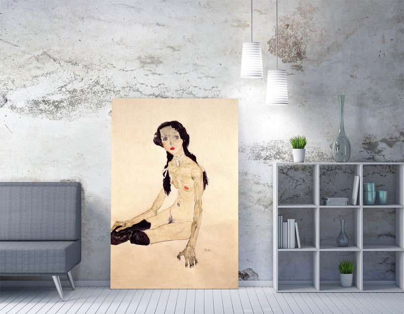 Canvas Wall Art - Egon Schiele Sitting Girl Painting | Framed Print, Handmade UK