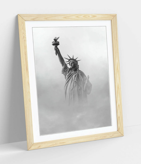Framed Wall Art - Liberty Statue Print With Cloud Photography - Handmade Woodgrain Frame