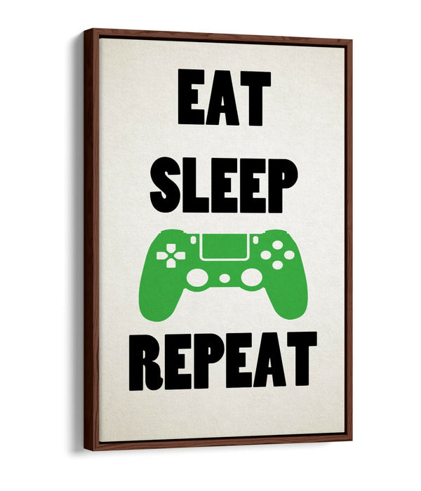 "EAT SLEEP GAME REPEAT" FUNNY GAMER QUOTE -FLOAT EFFECT CANVAS WALL ART PRINT