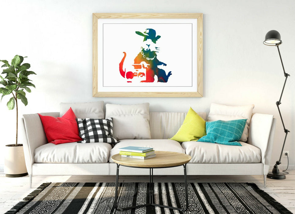 BANKSY, GANGSTA RAT RAINBOW ART EFFECT -FRAMED WALL ART PICTURE PRINT