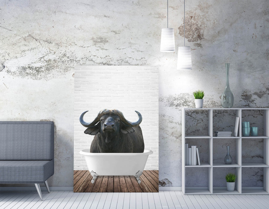 WATER BUFFALO IN BATHTUB -QUIRKY CANVAS WALL ART PRINT ARTWORK ANIMAL FRAMED