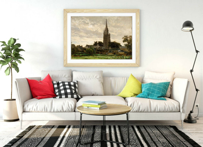 Framed Art Print - Church Tower Artwork With Wood Grain Frame | Handmade UK Art