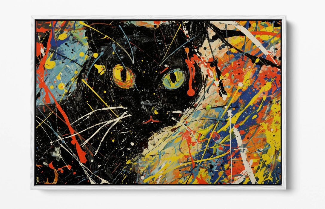 Black Cat Canvas Art - Jackson Pollock Style Float Effect Modern Cat Artwork