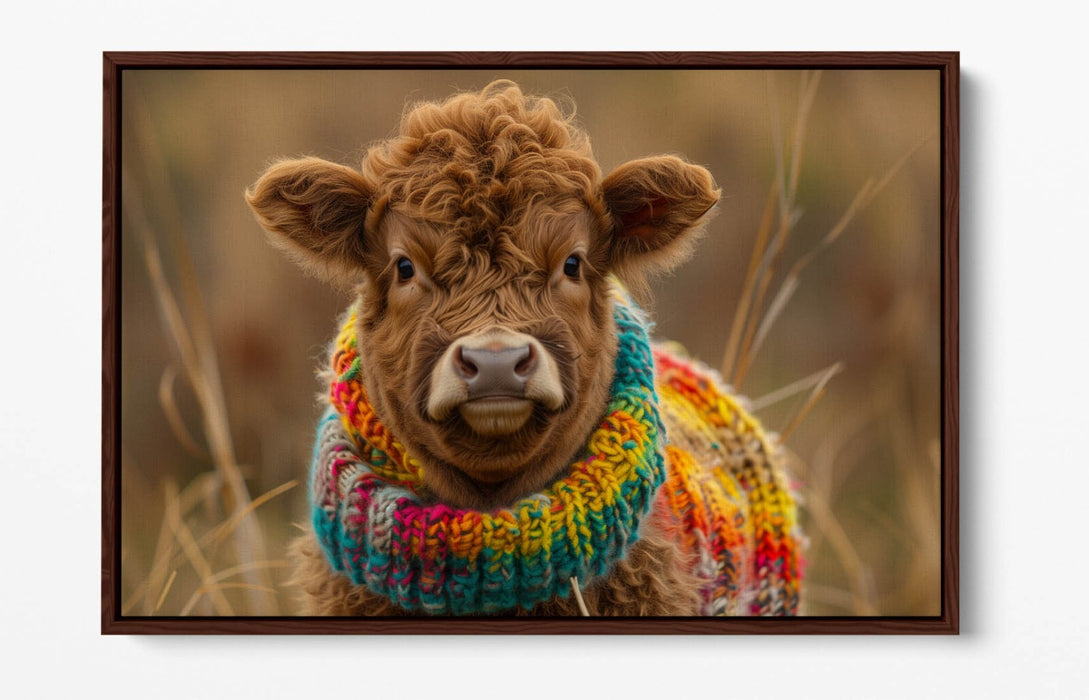 CUTE HIGHLAND COW WEARING RAINBOW JUMPER FLOAT EFFECT CANVAS ART PRINT