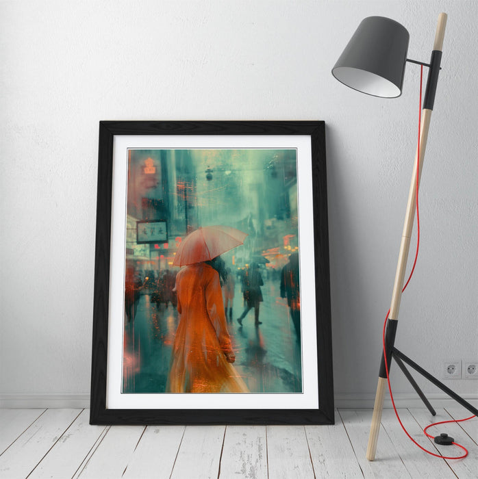 Framed Wall Art - Woman With Umbrella City Street Poster Print | Handmade UK