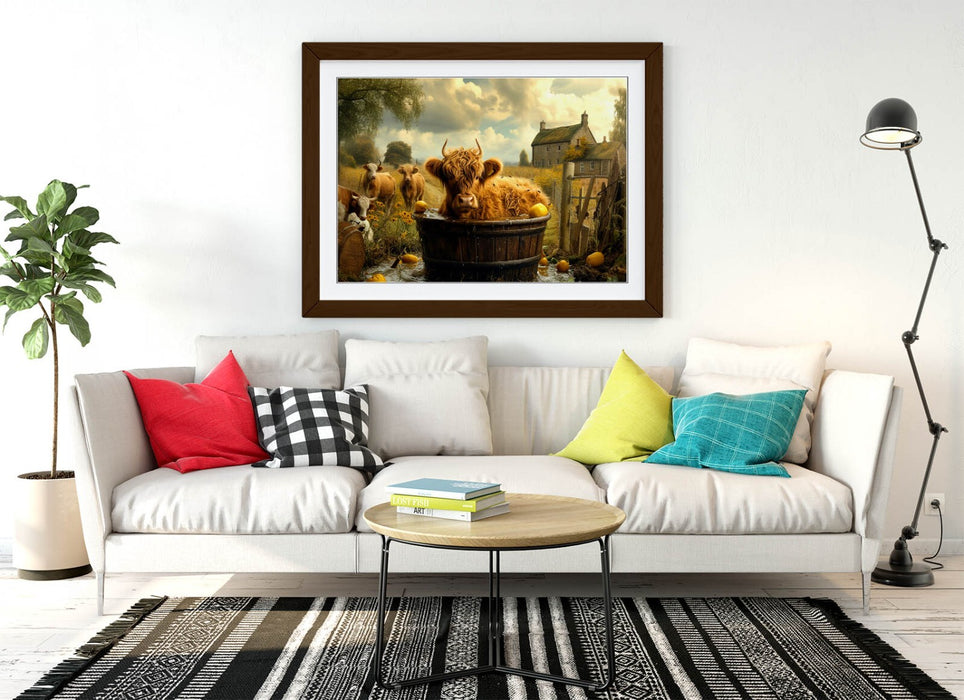 Highland Cow Wall Art – Framed Bathroom Decor Print With Woodgrain Frame