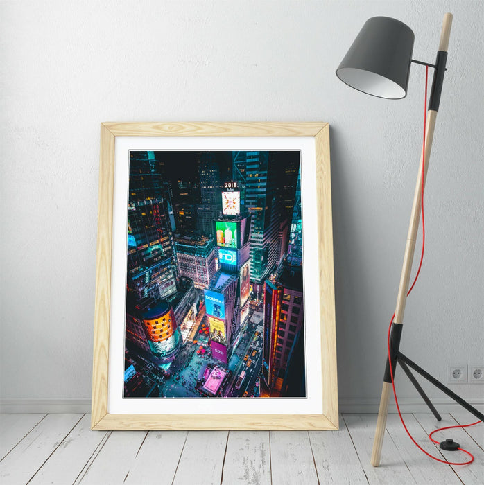 TIMES SQUARE BY NIGHT -ART FRAMED POSTER PICTURE PRINT ARTWORK- BLUE PINK ORANGE