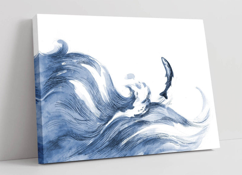 Canvas Wall Art – Watercolour Blue Waves & Fish Print | Handmade, Ready to Hang