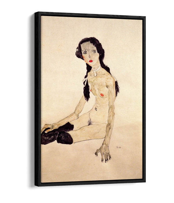 Canvas Wall Art Print - Egon Schiele Sitting Girl With Ponytail | Float Effect Canvas
