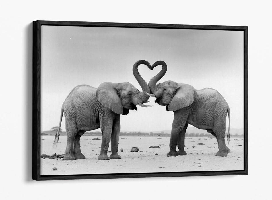 Canvas Wall Art - Black White Elephants Love Heart Float Effect Print