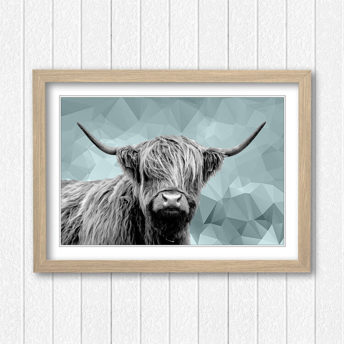 HIGHLAND COW BLACK AND WHITE DUCK EGG BLUE GEO FRAMED POSTER WALL ART PRINT