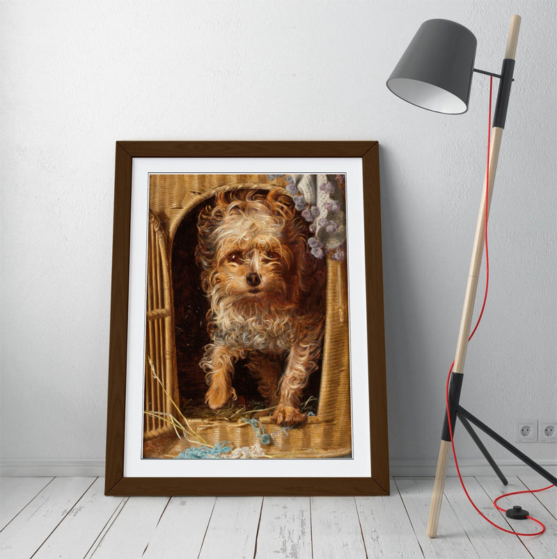 Framed Art Poster - Darby In Basket Wall Art Print With Woodgrain Frame