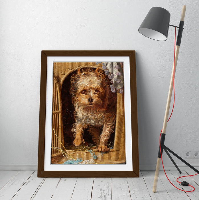Framed Art Poster - Darby In Basket Wall Art Print With Woodgrain Frame