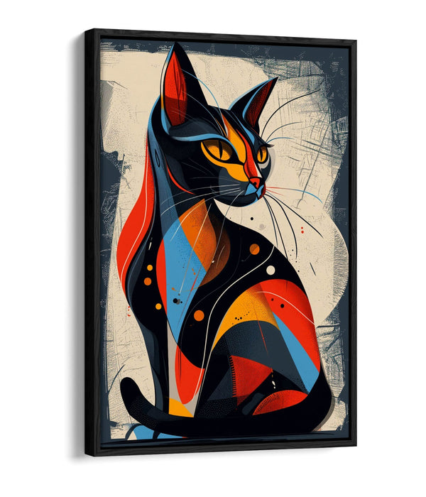 Float Effect Canvas Art - Blue Red Abstract Cat Print | Premium Varnish Finish