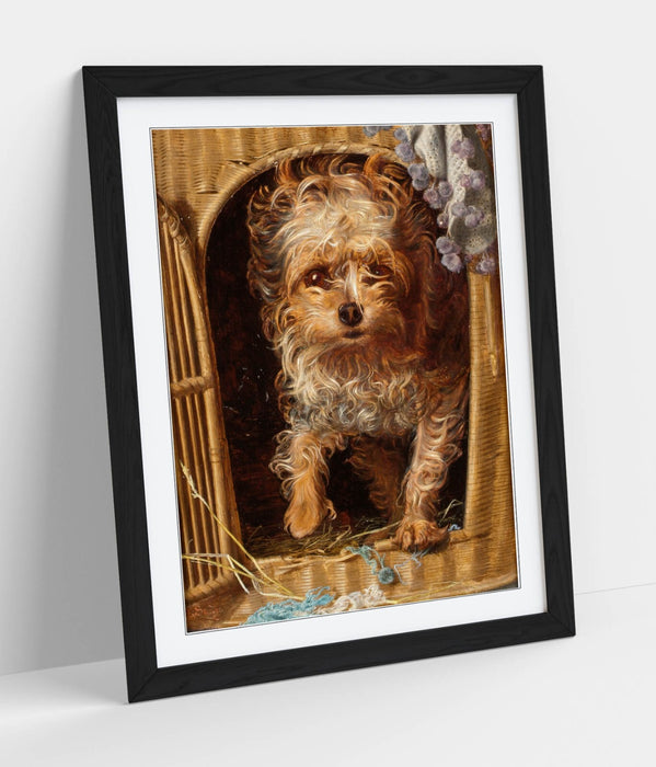 Framed Art Poster - Darby In Basket Wall Art Print With Woodgrain Frame